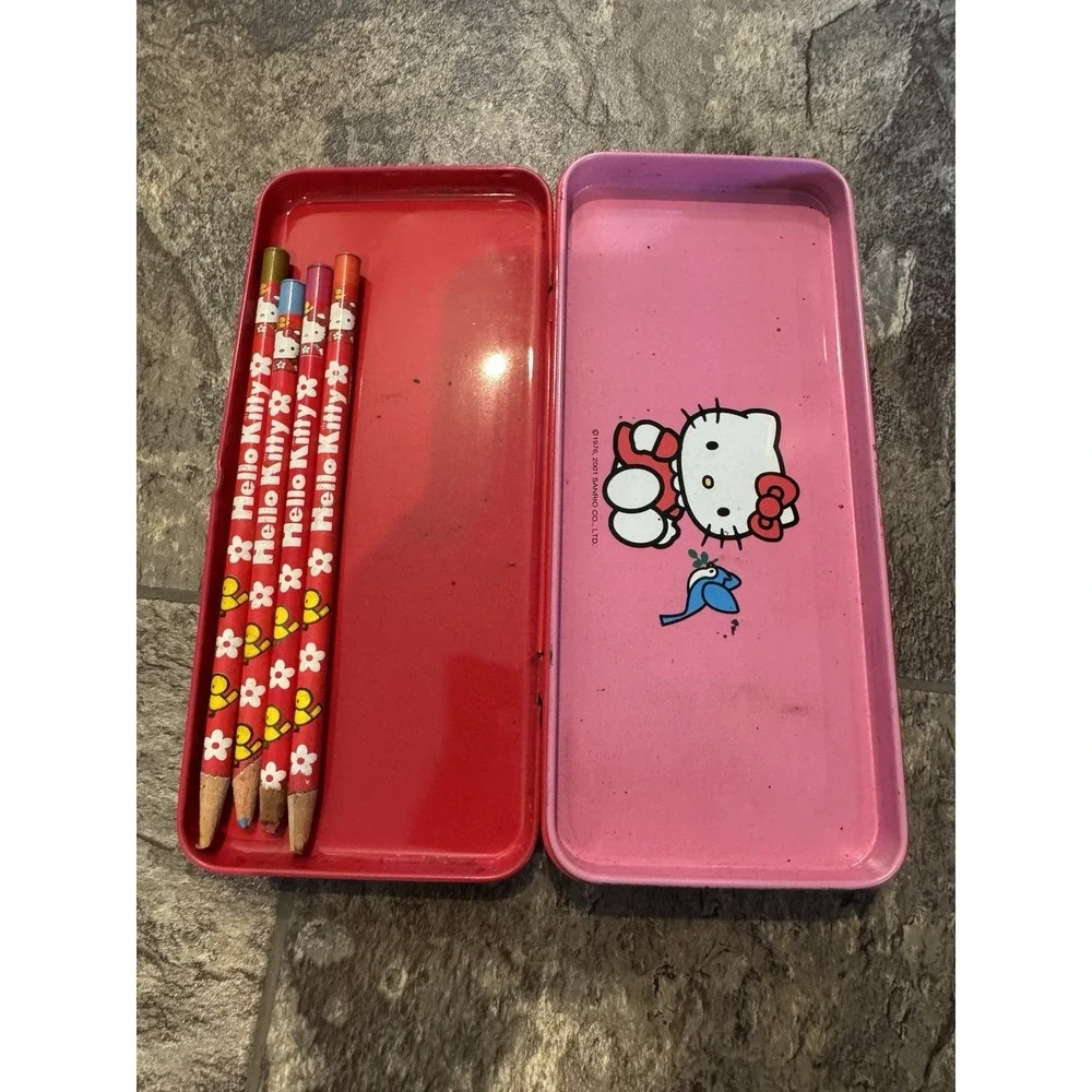Rare Vintage Y2K Metal Hello Kitty Red Pencil Box Case Sanrio 2001 With‎ pencils